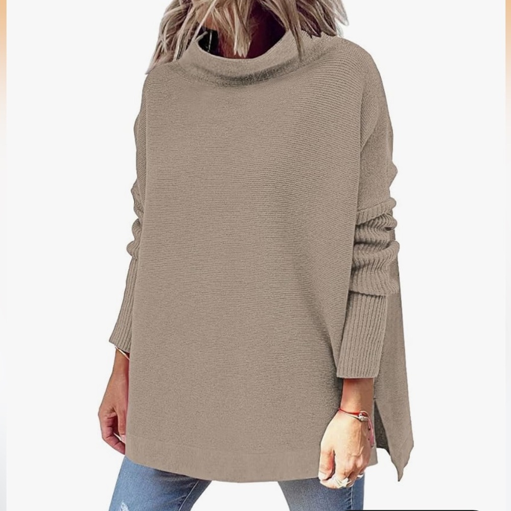 Oversized Turtleneck Chunky Knit Sweater Khaki Taupe Batwing Sweater XS